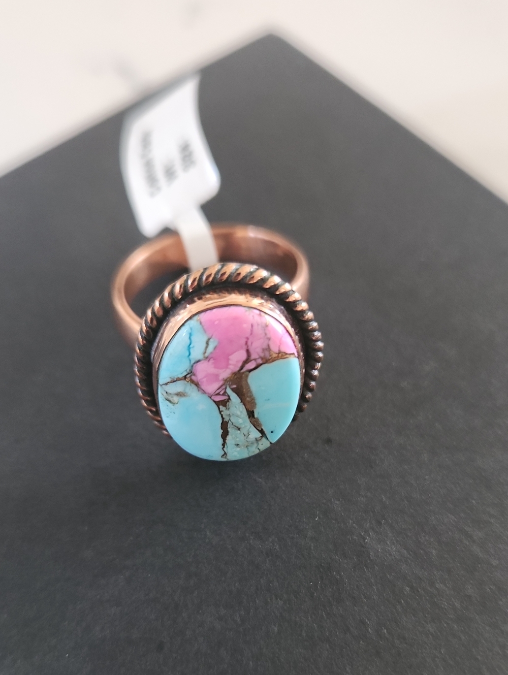 Natural Cotton Candy Pink and Turquoise Marbled Stone Adjustable Ring